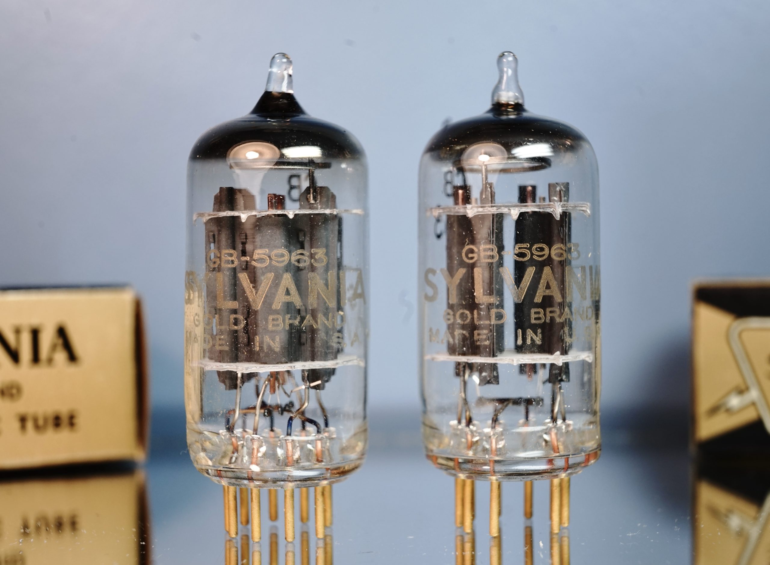 GB 5963 Sylvania GOLD BRAND pair NIB, gold grid, gold pins (ECC802S) (V254 / V255)
